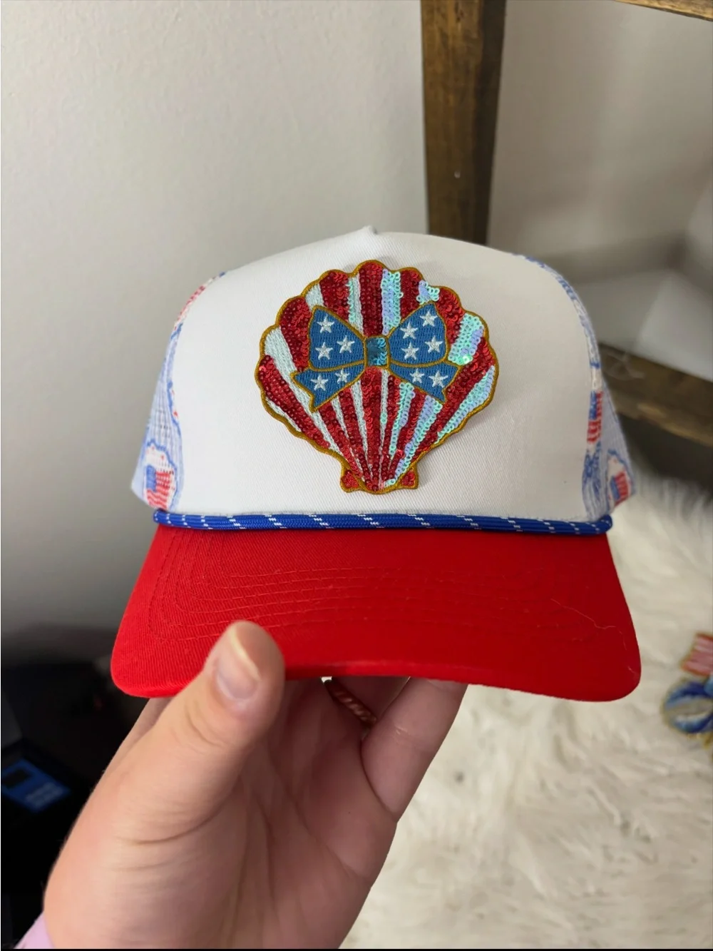 Patriotic Sequin Shell Bows Trucker Hat